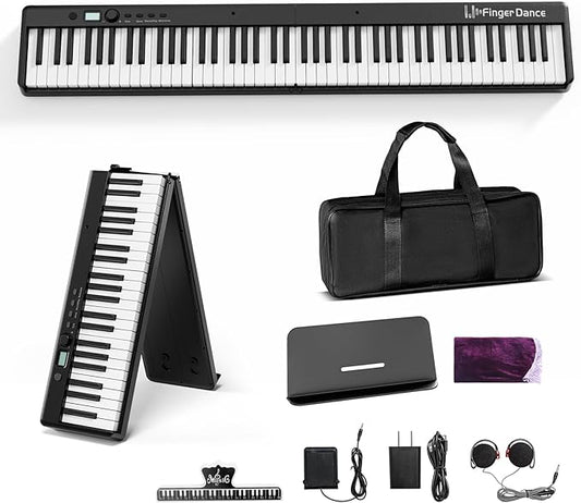 Finger Dance Folding Piano Keyboard 88 Keys, Portable Electric Keyboard with Bluetooth MIDI, Full Size Digital Piano, Wood Grain, Semi-Weighted, Touch Sensitive, with Storage Bag for Beginner