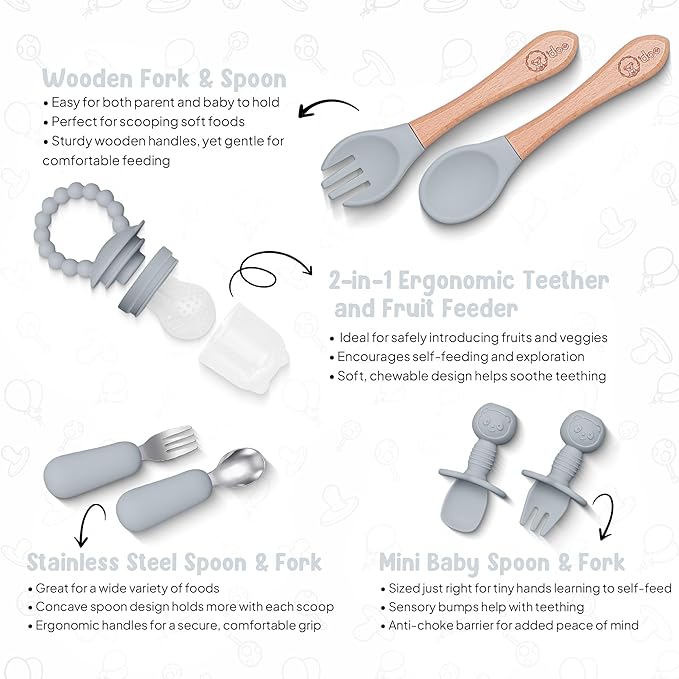 O'doe 17-Piece BPA-Free Silicone Baby Feeding Set | Thick & Soft Suction Plates, Baby Bowls, Wooden Fork & Spoon, and More | Make Mealtime Fun and Easy for Your Little One (Grey, V2)