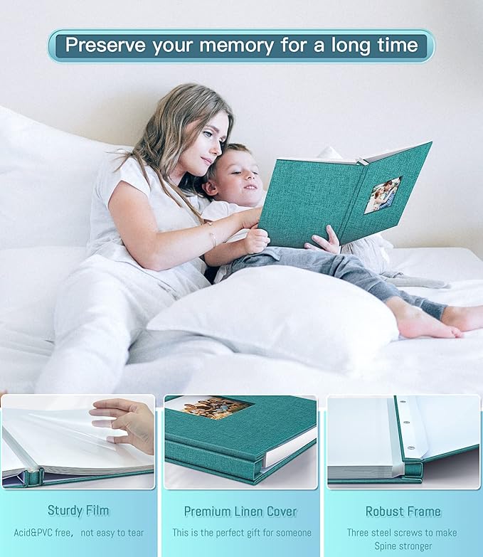 popotop Photo Album Self Adhesive with Picture Display Window,60 Pages DIY Scrapbooking Supplies Kit for 4x6 8x10 Picture,Linen Cover Memory Book for Baby Wedding, with Scraper and Metallic Pen