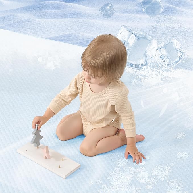 Baby Play Mat for Summer, 1.3 Thick Extra Large Memory Foam Cooling Floor Tummy Time Mat, Soft & Breathable, Non-Slip Rectangular for Toddlers’ Playtime & Rest(Light Blue,79"x118")