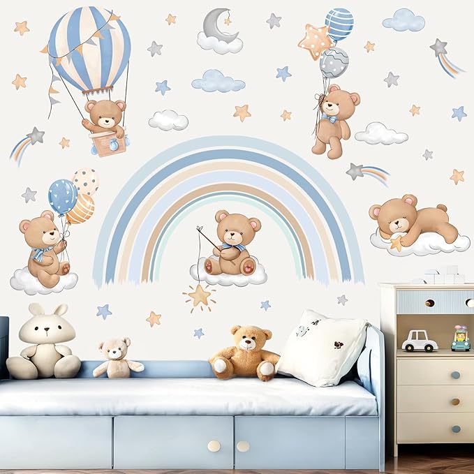 decalmile Rainbow Animal Wall Decals Hot Air Balloon Animals Bear Clouds Wall Stickers Baby Nursery Kids Bedroom Living Room Wall Decor