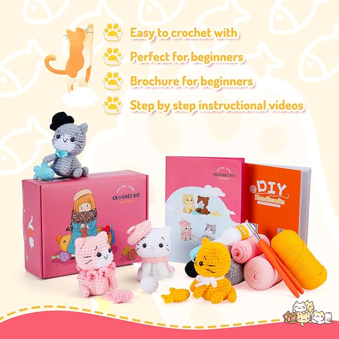 Crochet Kit for Beginners - Cat Crochet Kit with Step-by-Step Video Tutorials, Learn to Crochet Kits for Adults and Kids, 4 PCS Crochet Animals Cat with Hat, Toy, Fish Crocheting Set