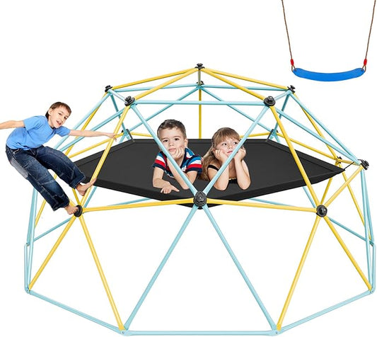 VEVOR Climbing Dome, 10FT Geometric Dome Climber with Hammock and Swing, Jungle Gym Supports 750LBS and Easy Assembly for Kids 3 to 10 Years Old, with Climbing Grip, Outdoor Backyard Play Equipment
