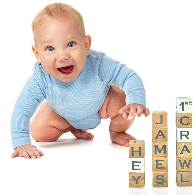 I'm Solid Wood Baby ABC Alphabet Milestone Age Blocks, Personalized Own Name, Gender Neutral, Newborn Gifts & Keepsakes for Picture Props (1.4" / 16 Pcs/Grey)