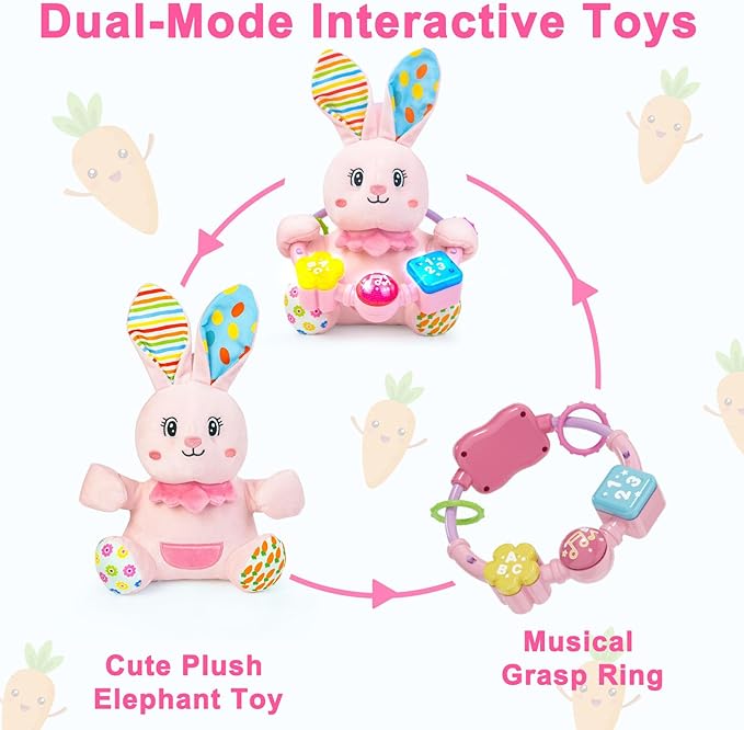 Baby Rabbit Musical Stuffed Animals Toy,Infant Bunny Bilingual Early Learning Education Toy with Light-Up Music & Crinkle,1st Easter Basket Shower Stuffers for 0 1 2 3 6 9 12 18 Month Girl,Pink