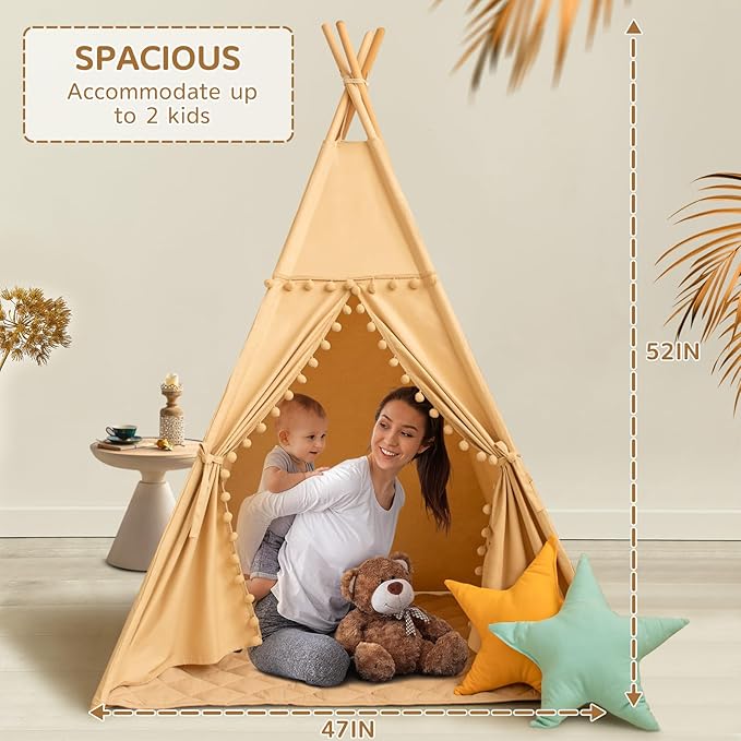 Teepee Tent for Kids with Mat, Cotton Canvas Kids Teepee with Pompom for Toddlers Indoor Play Tent for Girls Boys with Stars Lights, Carry Bag, Banner Flag (Khaki)