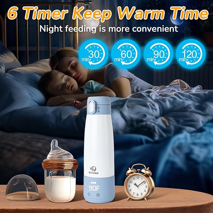BEBOAN Portable Bottle Warmer for Travel On The Go, Portable Milk Warmer 5-Temp Setting with Lock 12oz Large Capacity, Cordless for Heating Breast Milk Charging with 55w Charger to Get Fast Charging