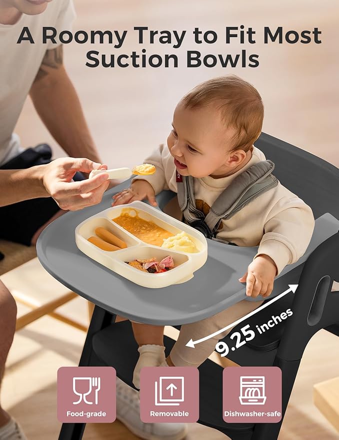 Momcozy DinerPal Wooden High Chair for Babies, Toddlers & Adults Up to 308 Lbs, Convertible Baby Highchair with Food-Grade Tray, Dishwasher-Safe, Adjustable & Ergonomic, Midnight Black