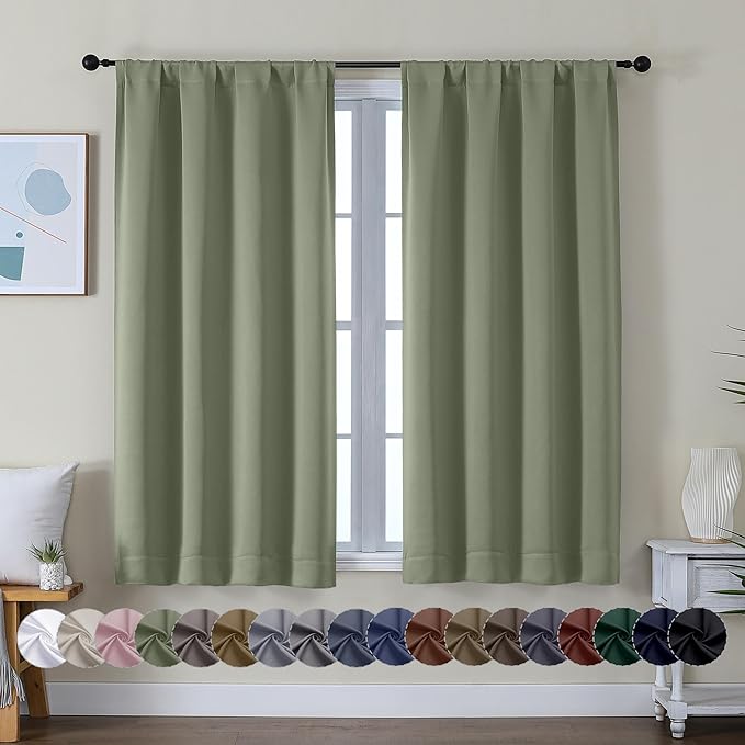 Simplebrand Ava Sage Green Short Blackout Curtains for Bedroom 54 Inches Long 2 Panels Set, Solid Thermal Insulated, Energy Saving Window Treatment Curtains Blackout Drapes, W40 x L54 Inch, Sage Green