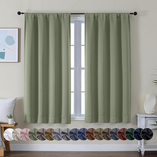Simplebrand Ava Sage Green Short Blackout Curtains for Bedroom 45 Inches Long 2 Panels Set, Solid Thermal Insulated, Energy Saving Window Treatment Curtains Blackout Drapes, W40 x L45 Inch, Sage Green