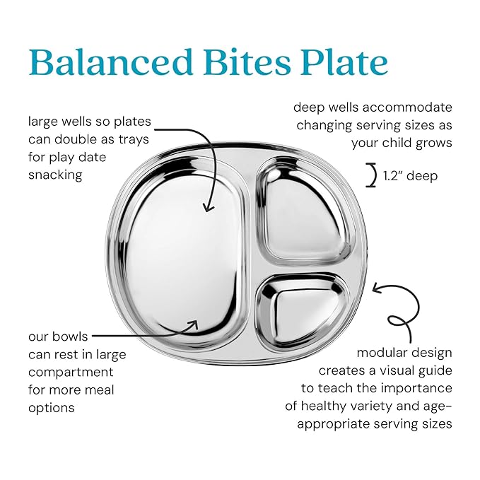 Ahimsa Stainless Steel Kids Plates - Divided Toddler Plates, Pediatrician Designed, Non Toxic Toddler Plate, Camping Plate, BPA Free & Dishwasher Safe (Single)