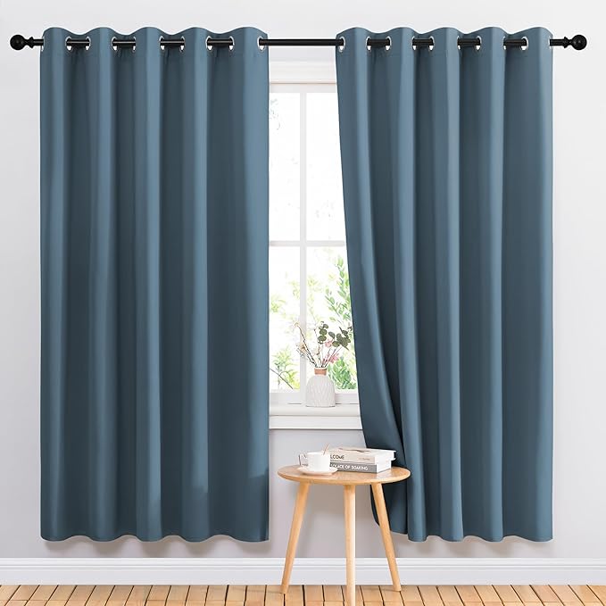NICETOWN Insulated Curtains Room Darkening Draperies - Triple Weave Microfiber Home Thermal Insulated Solid Ring Top Blackout Curtains/Panels for Bedroom(Smoky Blue, Set of 2, 66 x 72 Inch)