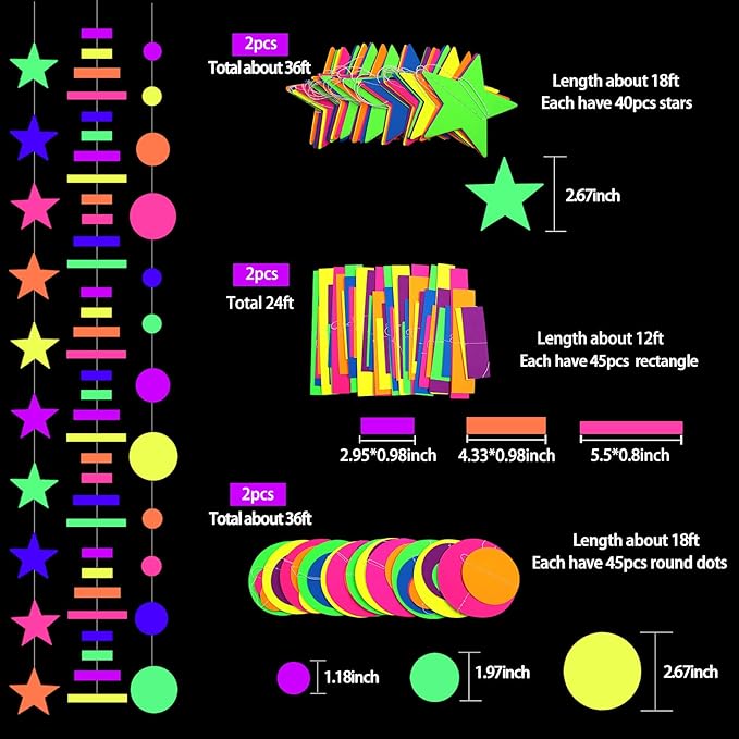 700ft Neon Paper Garland Glow in Dark Paper Streamers UV Reactive Round Dot Star Kit Banners for Neon Party Supplies, Wedding Decorations, Birthday Parties