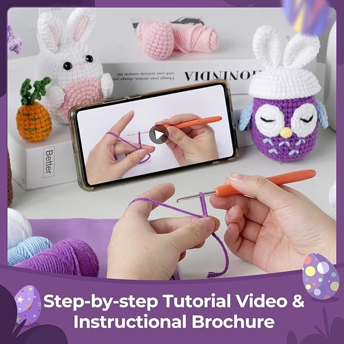 yhwsymgmho Crochet Kit for Beginners:2pcs Animals Crochet Starter Kits with Step-by-Step Video Tutorials,Easy Knitting Set for Adults Kids,DIY Crocheting Doll Gift(Bunny and owl)