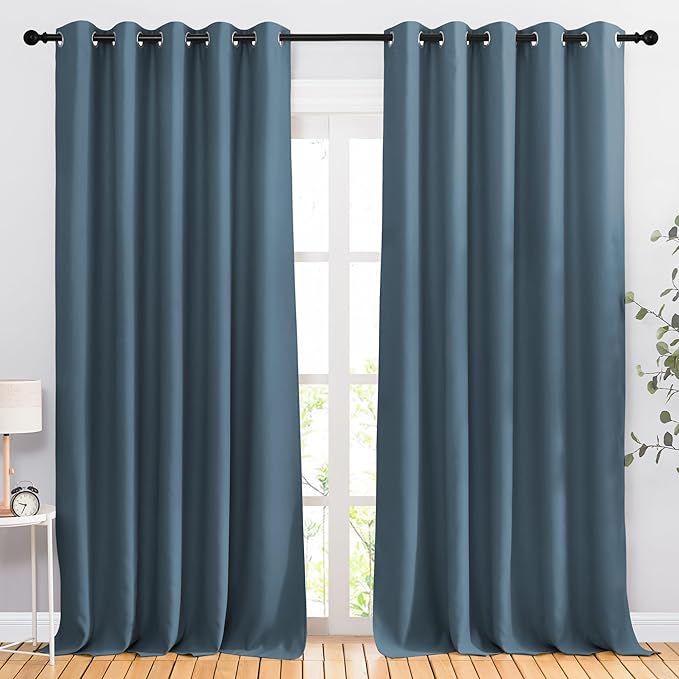 NICETOWN Smoky Blue Sliding Door Curtains 2 Panels Set 118 inches Long, Grommet Thermal Blackout Curtains Privacy Room Divider Sound Reducing for Bedroom/Living Room, W66 x L118
