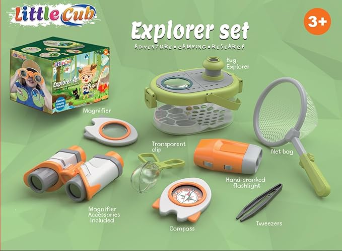 LittleCub Bug Hunting Kits for Children - 10 Pcs Bug Catcher for Kids, Kids Insect Explorer kit, Educational Toys Includes an Observation Box, Magnifier, Compass, Tweezers, Flashlight, and Net Bag