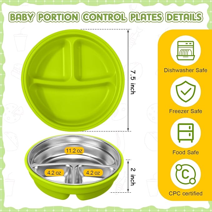 Nuogo 1 Pcs Stainless Steel Baby Suction Plates with Removable Silicone Shell 2-in-1 Metal Toddler Bowl Divided for Picky Eaters Kid Feeding Led Weaning Supply, Dishwasher Safe (Green)