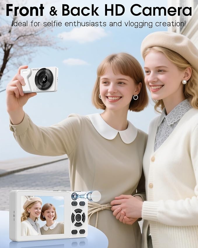 Digital Camera with Front Rear Lens, Autofocus 64MP 4K Camera for Photography with 32GB Card, Portable Compact Point and Shoot Camera for Teens Adult Beginner with Metal Shell, 2000mAh Battery