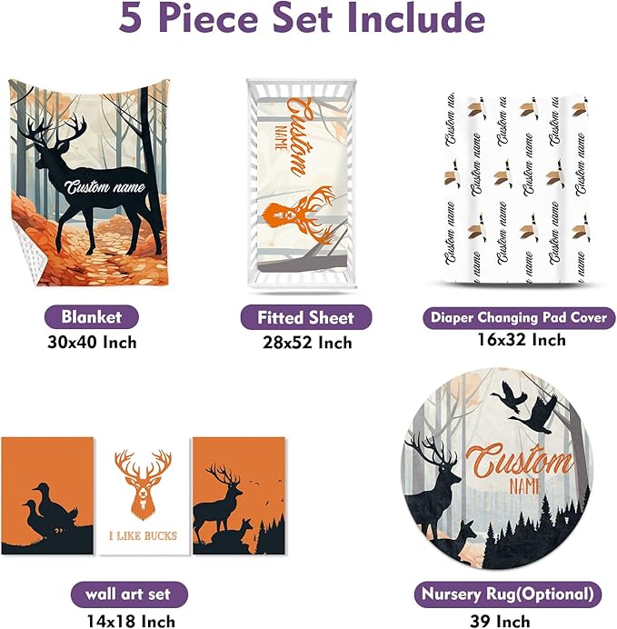 Personalized Nursery Crib Bedding Set: Orange Forest Custom Name 5 Piece Baby Crib Sets with Sika Deer Theme - Toddler Double Layer Blanket Set, Comfortable Crib Bed Sheets for Baby Grils