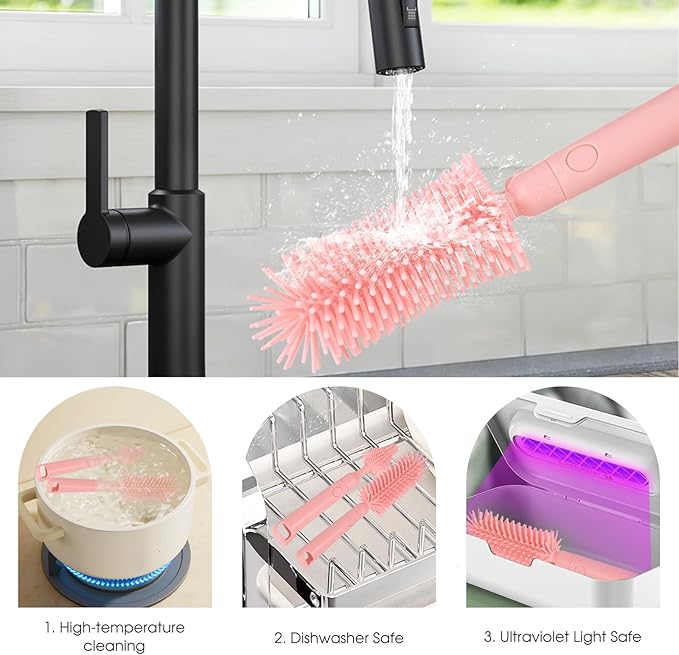 Portable Baby Bottle Brush Set - 7 in 1 Baby Bottle Cleaner Kit, Baby Travel Essential Bottle Washing Kit with Silicone Bottle Brush, Nipple Brush, Straw Brush, Drying Rack for Home and Travel (Pink)