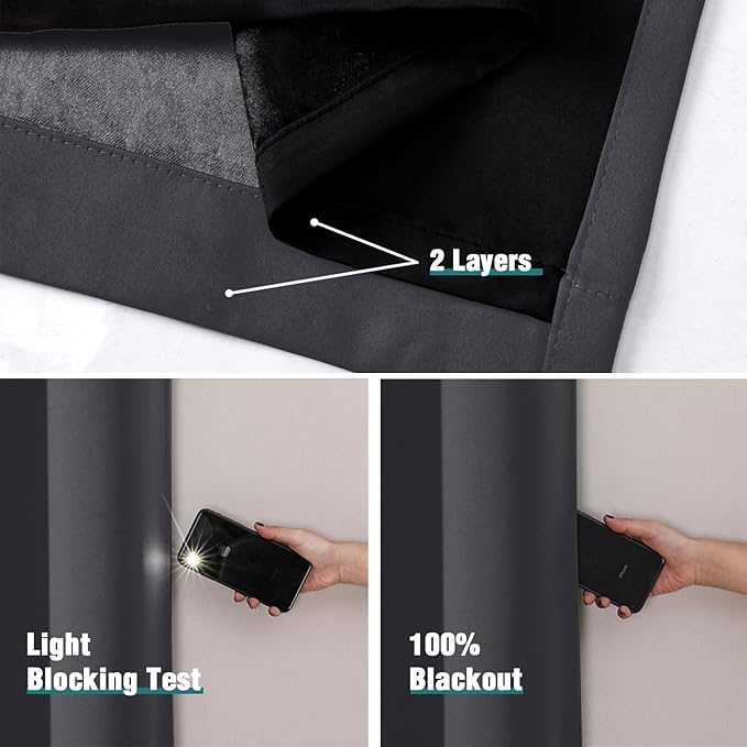 ChrisDowa 100% Blackout Curtains 72 inch Long for Bedroom with Black Liner, 2 Thick Layers Total Blackout Thermal Insulated Grommet Window Curtains 2 Panels Set (Dark Grey, 42 x 72 Inch)