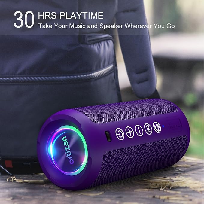 Ortizan Portable Bluetooth Speaker: IPX7 Waterproof, 24W Loud Sound, Deep Bass, Bluetooth 5.3, LED Lights, Wireless Stereo Pairing, 30H Playtime, for Home/Outdoor/Party/Beach, Birthday Gift (Purple)