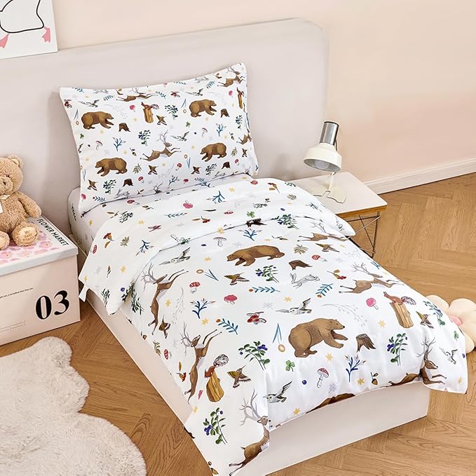PERFEMET Kids Comforter Sets Twin 4 Pieces Cartoon Woodland Animal Print Bedding for Boys Girls Soft Reversible Bear Deer Forest Theme Children Bedroom Set with Sheets for All Season Use