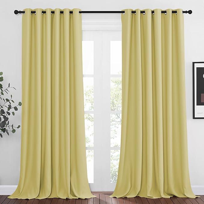 NICETOWN Bedroom Room Darkening Curtains 95 inch Length - Triple Weave Energy Saving Thermal Insulated Solid Grommet Room Darkening Draperies for Patio/Hall (1 Pair, 80 inches Wide, Paler Yellow)