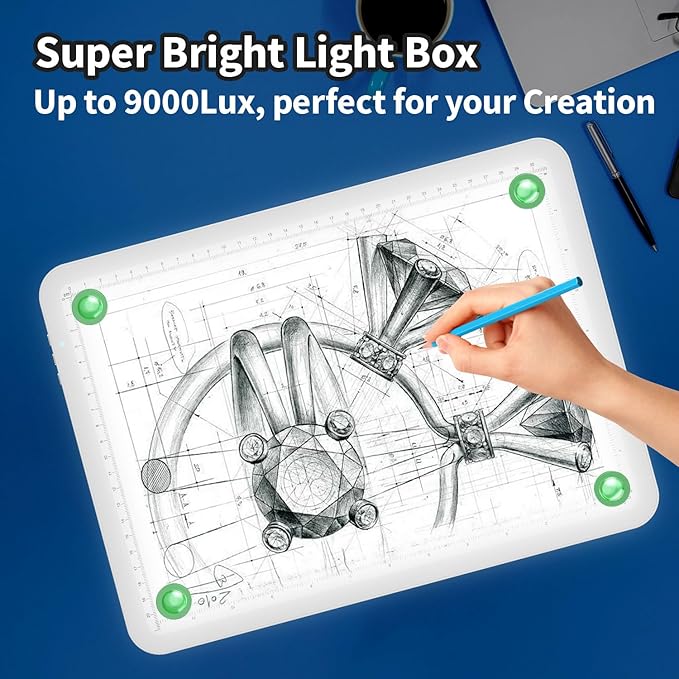 Up To 9000Lux Super Bright A4 Light Pad With Bag,Rechargeable light box with 4000mAH Lithium Battery for Cricut Weeding Vinyl Tool,Magnet light box for tracing,Diamond Painting,Sketching,Tattoo(White)