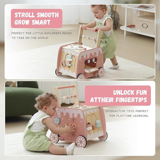 Wooden Baby Walker, Multifunctional Ice Cream Cart Activity Toy for Learning to Push Walk with Wheels, Pretend Playset Ideal for Toddlers, Boys and Girls Ages 18-36M