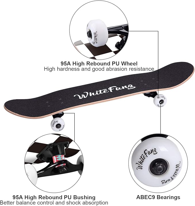 WhiteFang Skateboards for Beginners, Complete Skateboard 31 x 7.88, 7 Layer Canadian Maple Double Kick Concave Standard and Tricks Skateboards for Kids and Beginners