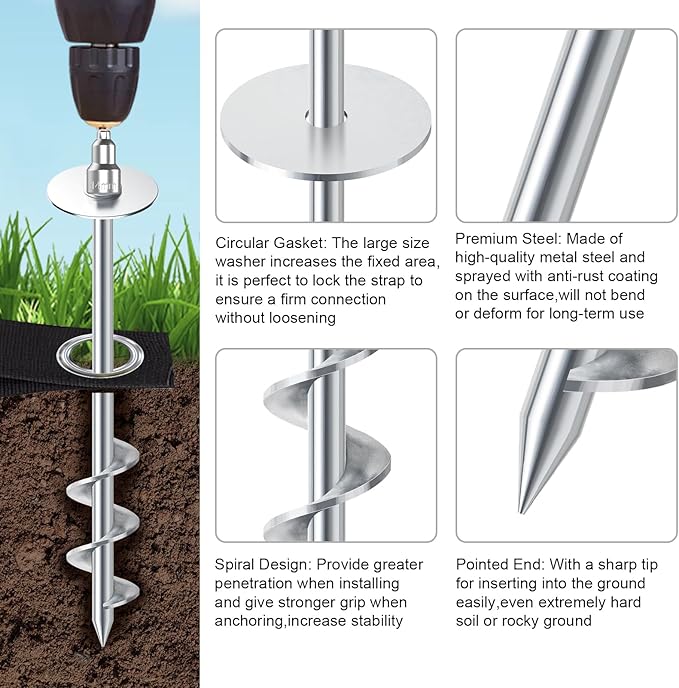 Eurmax USA Ground Anchors Screw in Trampoline Anchors High Wind Tent Stakes Heavy Duty Ground Stakes Trampoline Stakes Anchor Kit Set of 4 Bonus 4 Strong Belt (Silver)