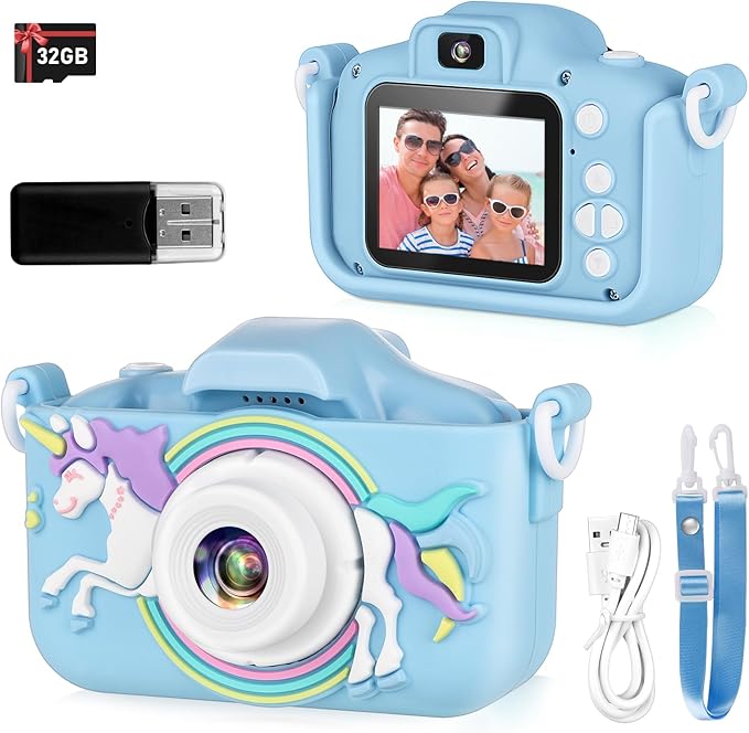 Kids Camera,HD Digital Video Camera with Protective Cover,Childrens Toys for 3 4 5 6 7 8 9 Year Old Boys/Girls,Selfie Camera for Kids,Christmas Birthday Gifts with 32GB SD Card (Unicorn Blue)