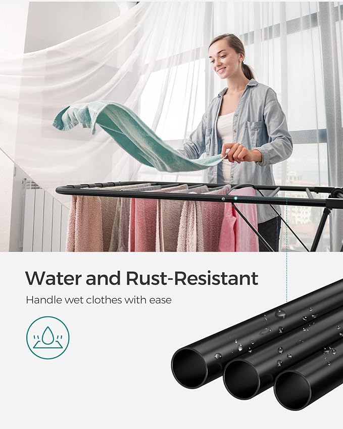 SONGMICS Clothes Drying Rack, with Sock Clips, Metal Laundry Rack, Foldable, Space-Saving, Free-Standing Airer, with 2 Height-Adjustable Gullwings, Indoor Outdoor Use, Black ULLR052B01