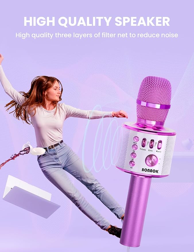 BONAOK Wireless Bluetooth Karaoke Microphone, Portable Toy Microphone for Singing, Gifts to Girls Boys Kids Adults All Age Q37（Bright Purple）
