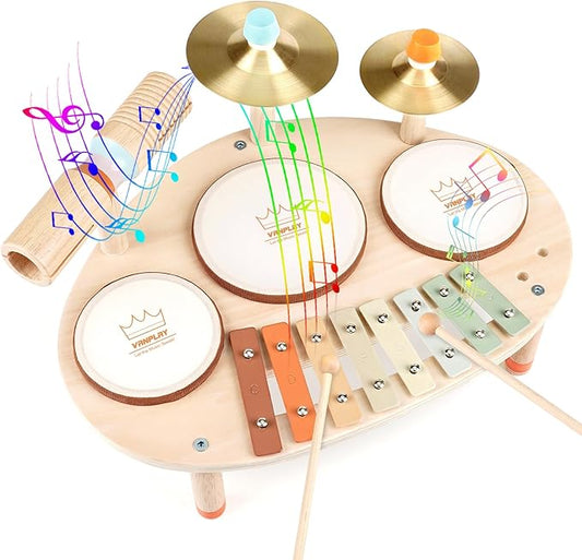Drum Set - 9 in 1 Musical Instruments for for Toddlers 3+, Wooden Montessori Toys for Boy & Girls Easter Birthday Gifts, Musical Drum Set with Xylophone for Kids 3 4 5 6