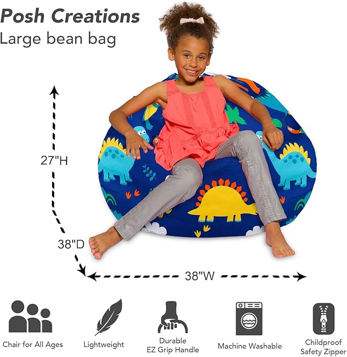 Posh Creations Bean Bag Chair for Kids, Teens, and Adults Includes Removable and Machine Washable Cover, Canvas Dinos on Blue, 38in - Large