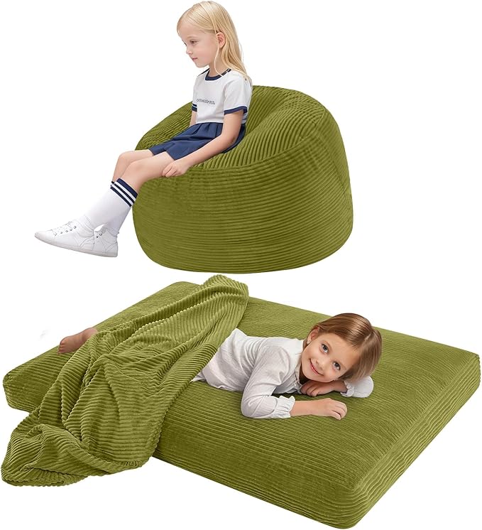 COMAX Kids Bean Bag Chair Turn into Beanbag Bed, Toddler Bean Chair Corduroy for Girl Boy Sleeping, Lazy Children Bean Bags with Filler, Convertible Child Floor Mattress, Light Green