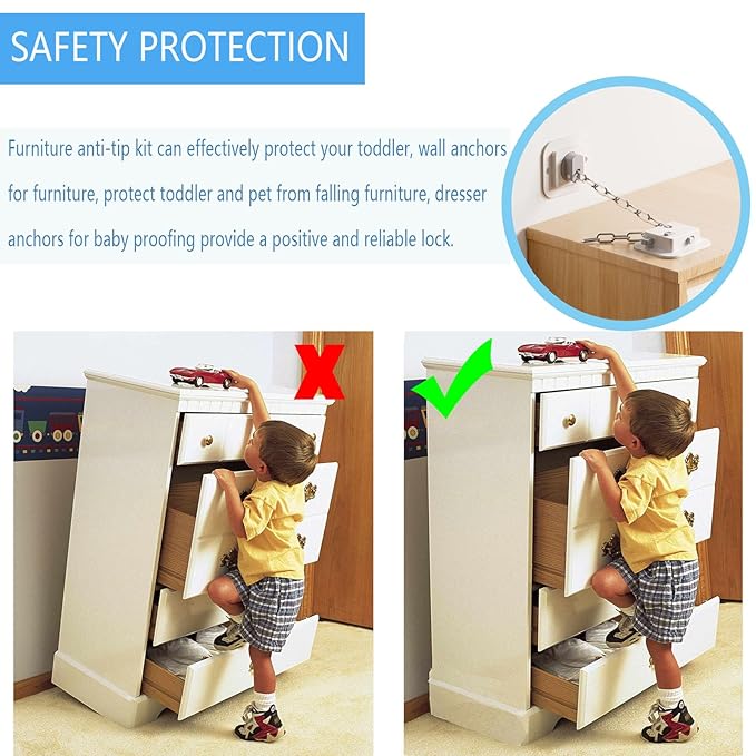YEYA Anti-Tip No Drill Furniture Anchor with 3M Adhesive 10" Adjustable Straps, Baby Proofing Wall Anchors for Child Safety, Playroom Essentials 2P