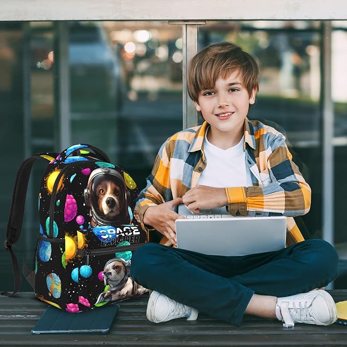 Funny Astronaut Dog Print Kids Backpack, Planet Space Galaxy Themed School Bag for Boys & Girls, Lightweight and Durable Bookbag for Age 5-12, Backpack Ideal for School & Outdoor Adventures