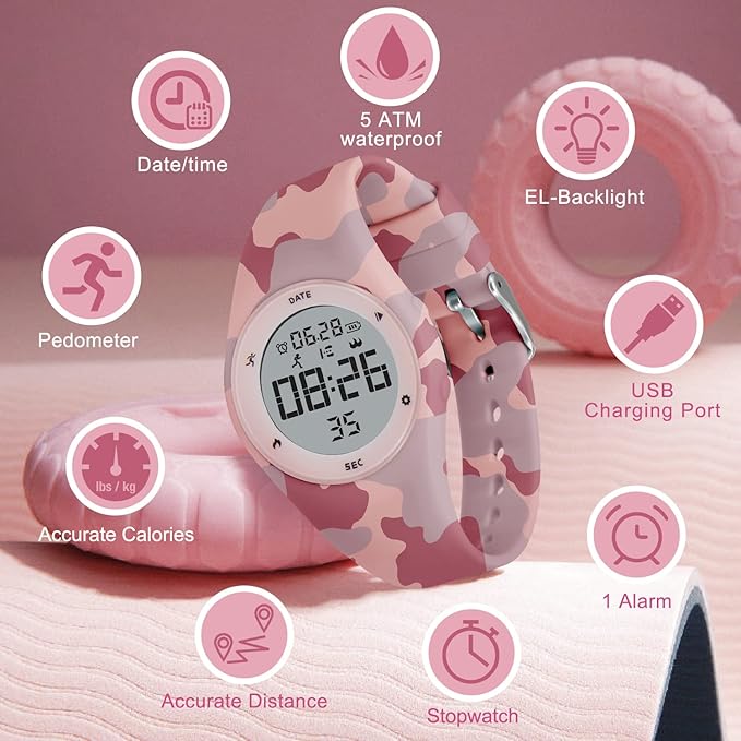 Kids Watches for Girls Boys Digital Sport Watch with Step Counter Pedometer Vibration Alarm Clock, No App Waterproof Fitness Tracker Kids Watch Boys Girls Teens Students Ages 5-16