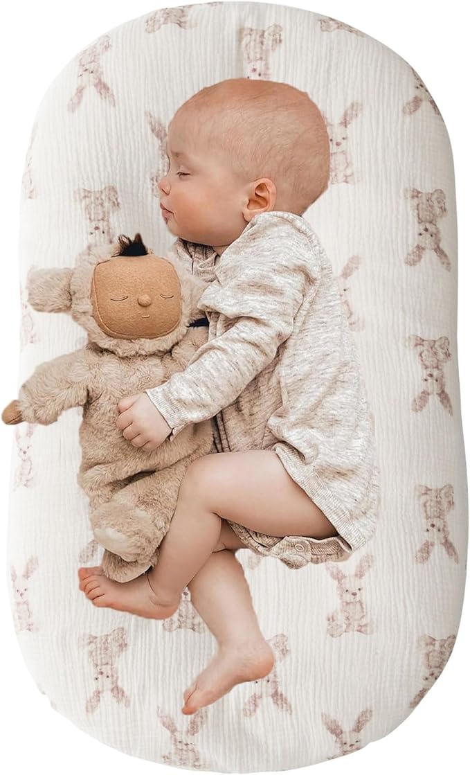 Little Jump Cotton Muslin Baby Lounger Covers, 2 Pack, Soft Removable Slipcovers for Newborn Infant Lounger, for Girls Boys (Bunny)