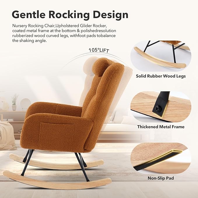 Nursery Rocking Chair,300Lb Glider Chair with Wood Legs/Two Side Pockets,Teddy Upholstered Glider Rocker with Padded Seat High Backrest for Living Room/Bedroom/Nursery