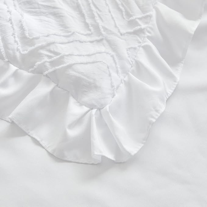 Tufted Ruffle Crib Bedding Set 3 Pieces Baby Boho Quilted Comforter with Fitted Sheet and Bed Skirt - Cute Ruffled Shabby Chic Baby Bedding Soft Blanket Design White