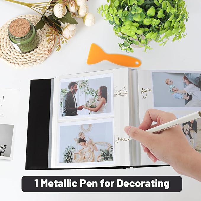 RECUTMS Photo Album Self Adhesive Magnetic Scrapbook 4x6 5x7 8x10 Pictures Scrapbook Album, 40 Pages Photo Book for DIY Baby Family Wedding with Metal Pen and Plastic Board (Black)