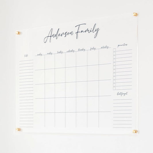Personalized Clear Acrylic Calendar for Wall, Calendar Whiteboard for Wall, Dry Erase Wall Calendar, Wall Calendar Organizer System for Home (Cursive, Navy, 38"W x 26"H)
