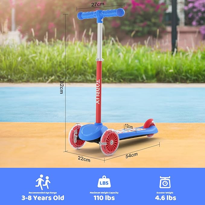 TONBUX Kids Scooter for Ages 3-5, Toddler Scooter with Light-Up Deck and Wheels, Adjustable 4-Level Height 3-Wheel Scooter for Kids, Lean-to-Steer Design