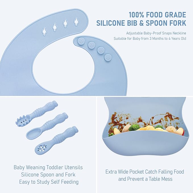 Baby Weaning Set, Silicone Baby Feeding Set(10 Pcs), Toddler Weaning Set with Adjustable Bib, Suction Bowl, Plate, Fork, Spoon, Water & Snack Cup Kit, Baby Led Weaning Kit for Babies and Kids