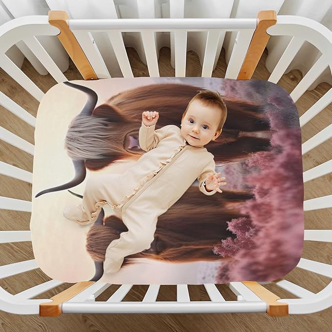 Two Highland Cows Crib Sheets for Boys and Girls, Fitted Baby Crib Sheets Soft and Breathable Mini Crib Sheets 52 X 28 X 9 Inches