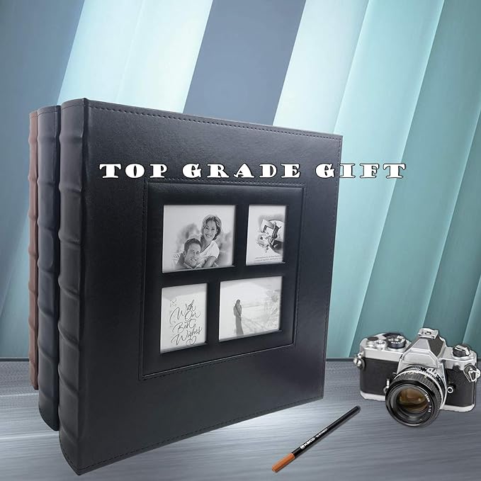 RECUTMS Self Adhesive Photo Album Scrapbook Album 60 Magnetic Double Sided Pages Leather Hardcover 13.3 x 13.4 (Inches) Large Leather Family Photo Albums with Sticky Page(Brown)